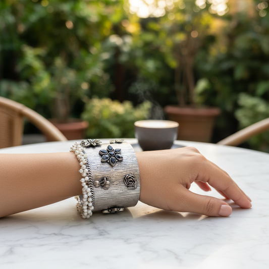 Silver Oxidised Black Kundan Pearl Cuff Bracelet - Outdoor Café Style