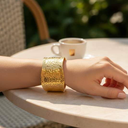 Gold Hammered Textured Wide Cuff Bracelet - Outdoor Café Style