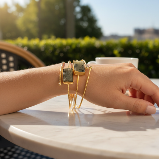 Gold Triple-Bar Raw Stone Cuff Bracelet - Outdoor Café Style