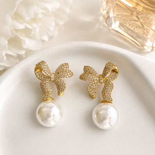 Ribbon pearl drop earrings