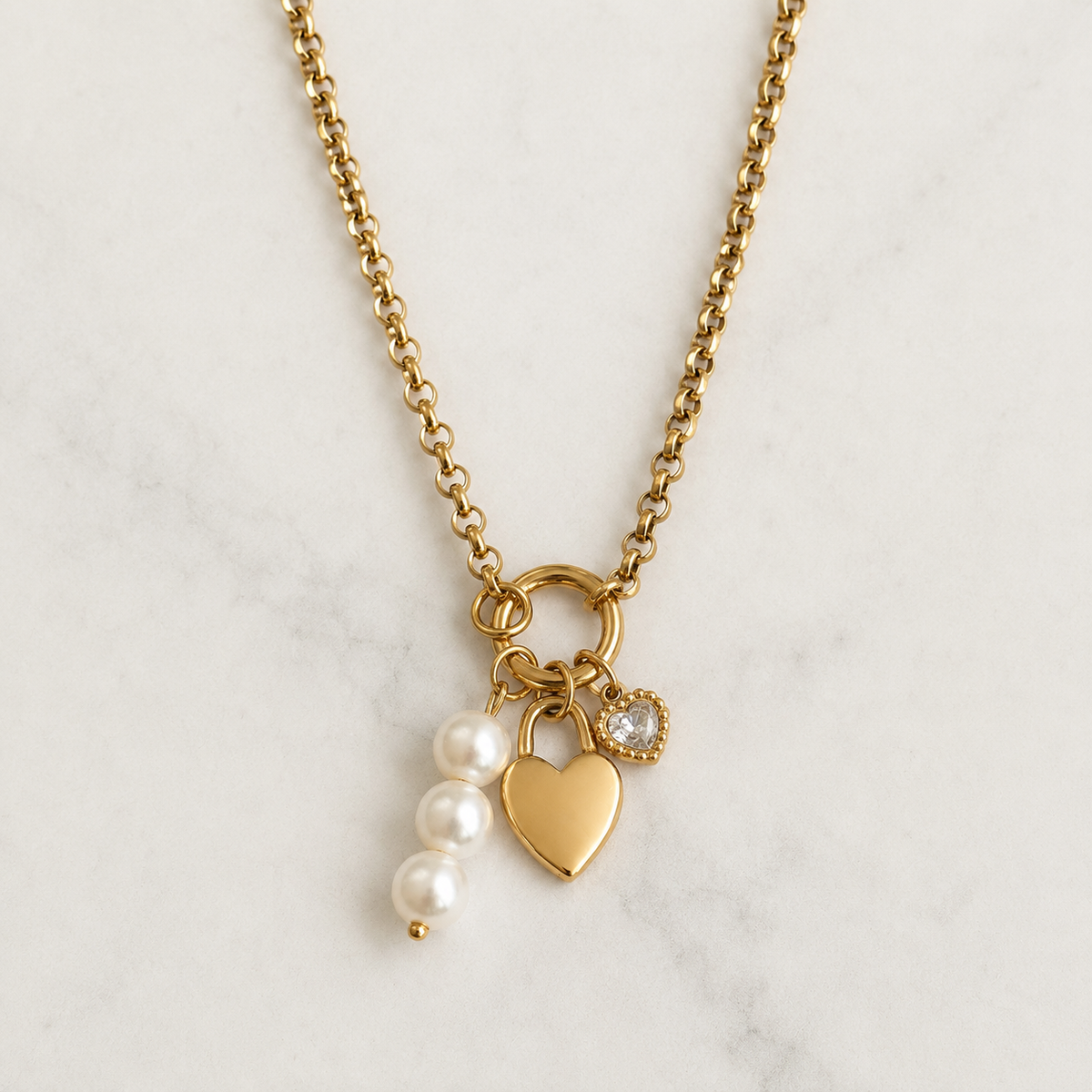 Gold Heart & Pearl Charm Necklace