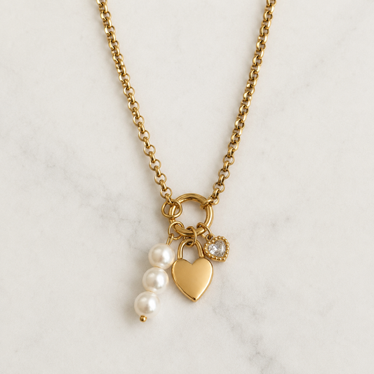 Gold Heart & Pearl Charm Necklace
