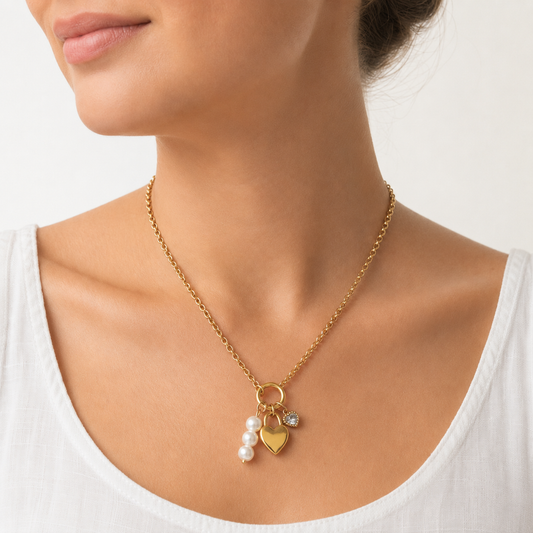 Gold Heart & Pearl Charm Necklace