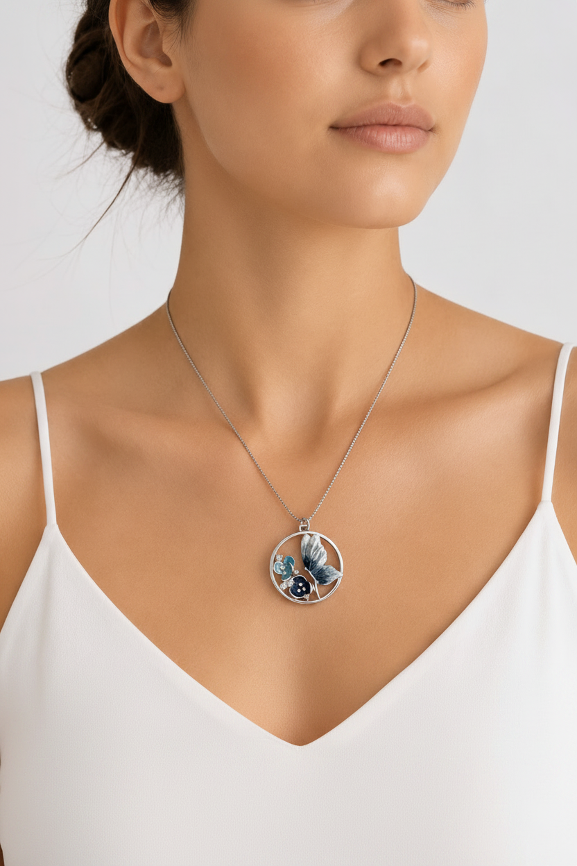 Blue Butterfly Circle Necklace - Model Shot