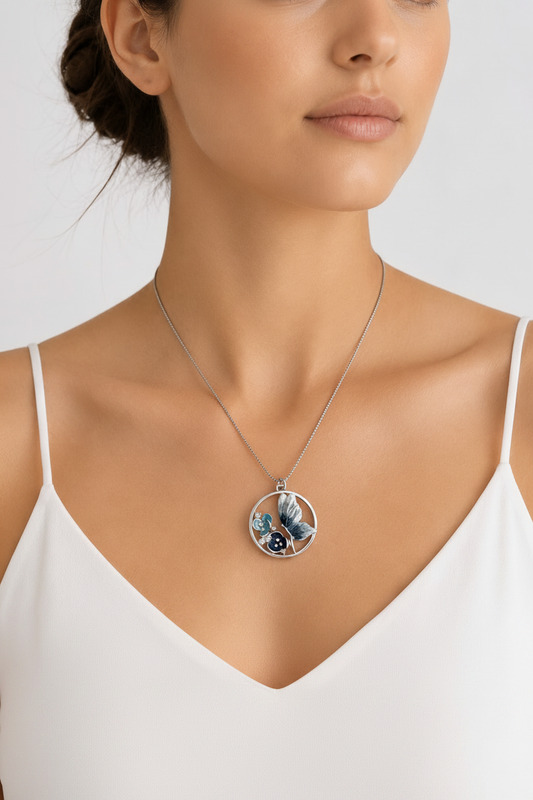 Blue Butterfly Circle Necklace - Model Shot
