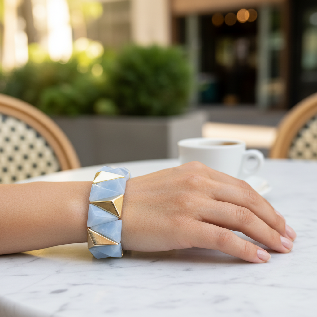 Baby Blue Geometric Acrylic Gold Triangle Bracelet - Outdoor Café Style