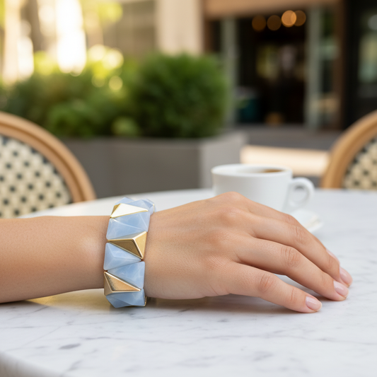 Baby Blue Geometric Acrylic Gold Triangle Bracelet - Outdoor Café Style