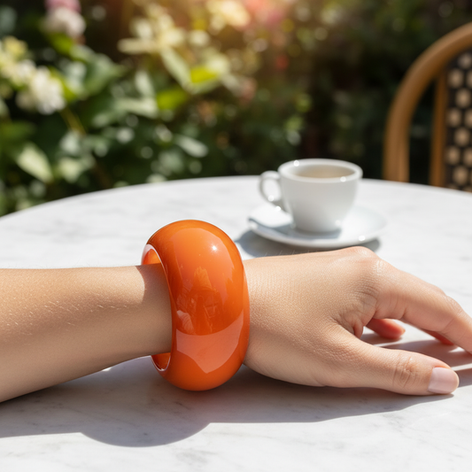Orange Glossy Dome Cuff Bangle - Outdoor Café Style