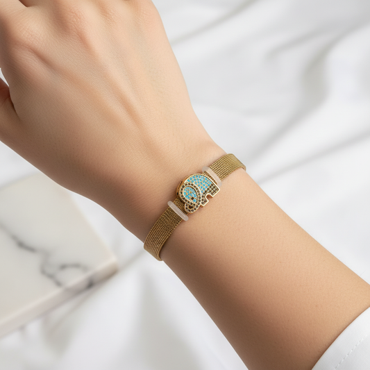 Gold Elephant Bracelet worn on wrist