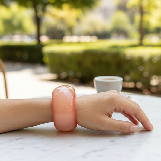 Peach Salmon Glossy Dome Cuff Bangle - Outdoor Café Style