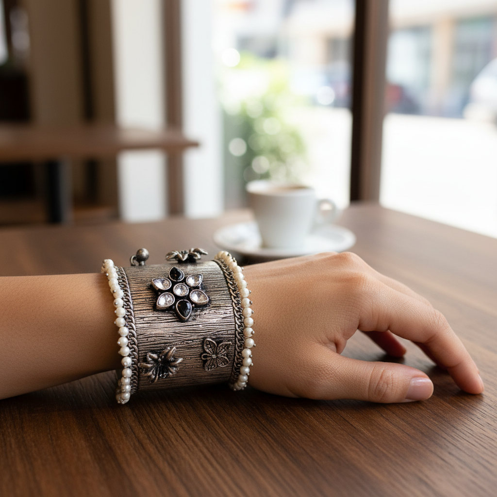 Silver Oxidised Kundan Pearl Cuff Bracelet - Indoor Café Style