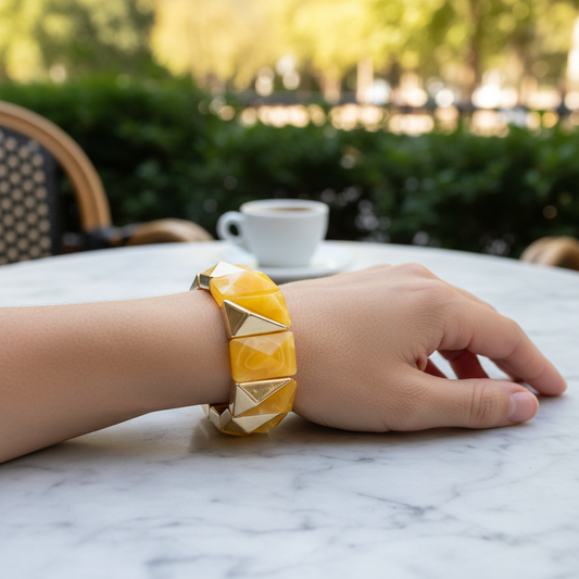 Yellow Geometric Acrylic Gold Triangle Bracelet - Outdoor Café Style