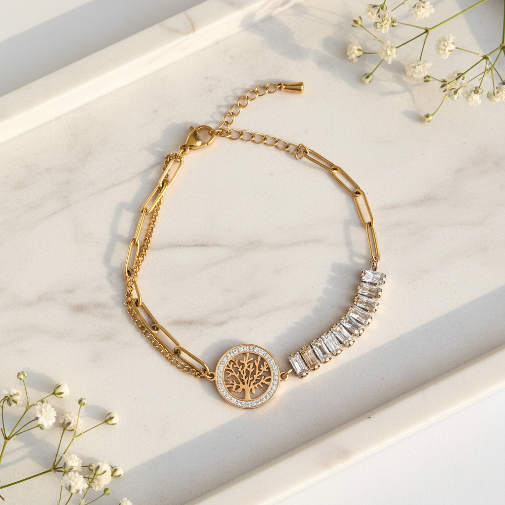 Gold Tree of Life Baguette Crystal Bracelet flat lay on marble tray