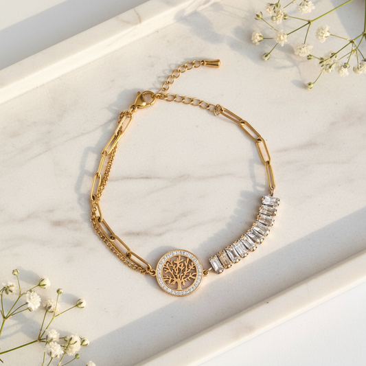 Gold Tree of Life Baguette Crystal Bracelet flat lay on marble tray