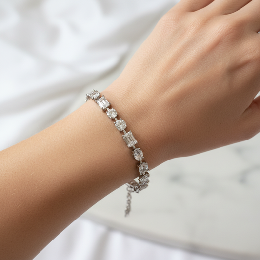 Silver Multi-Cut Tennis Bracelet worn on wrist