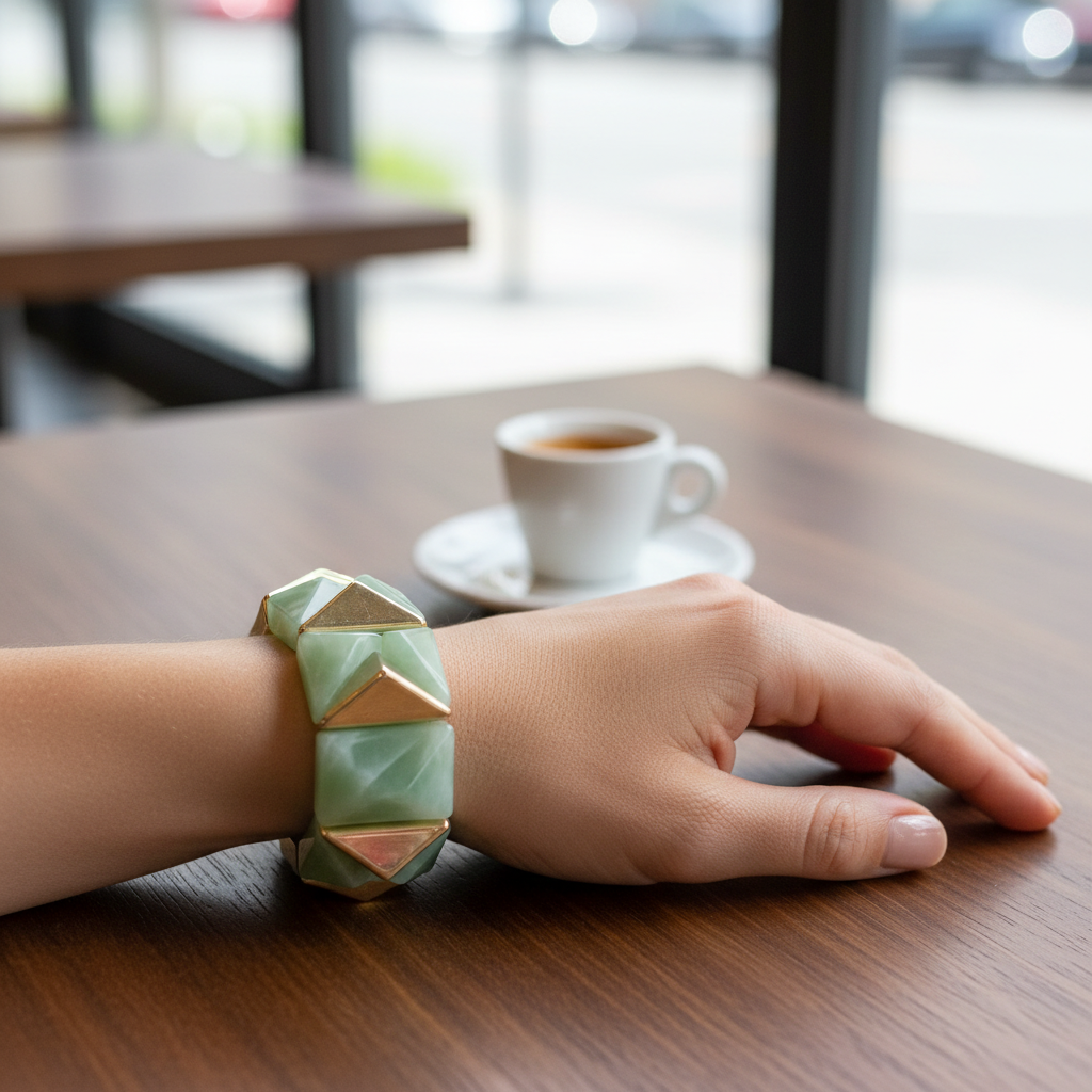 Mint Green Geometric Acrylic Gold Triangle Bracelet - Indoor Café Style