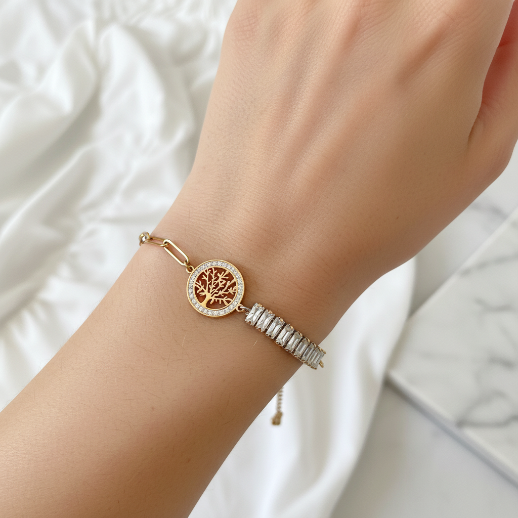 Gold Tree of Life Baguette Crystal Bracelet worn on wrist