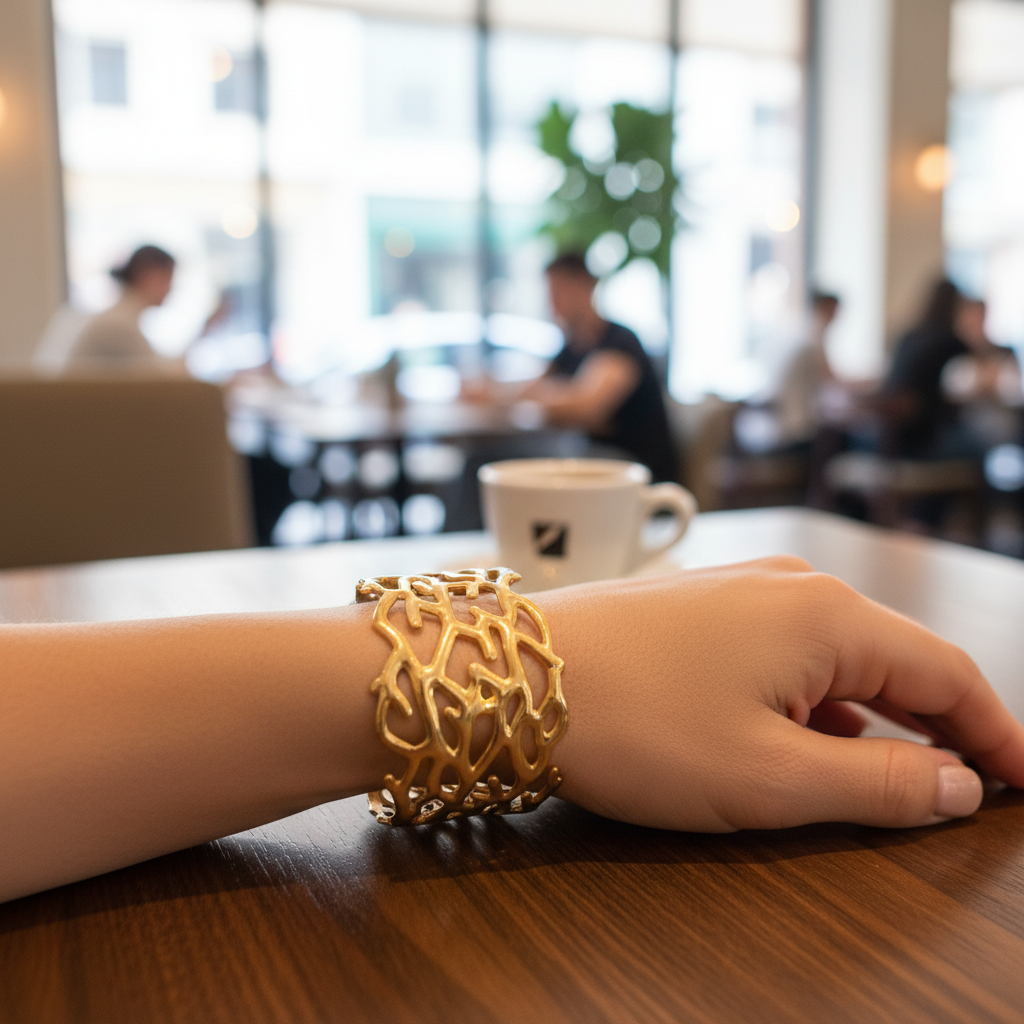 Gold Coral Filigree Cuff Bracelet - Indoor Café Style