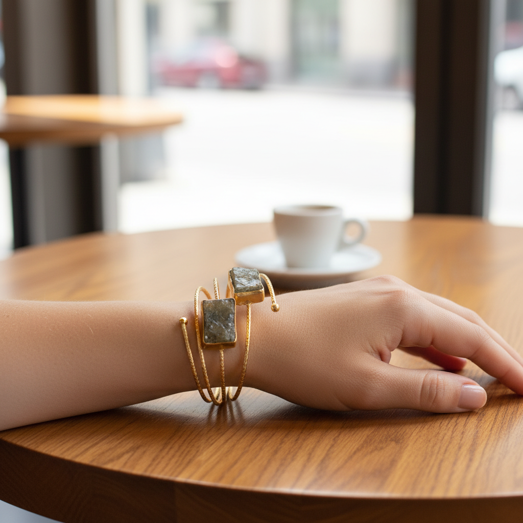 Gold Triple-Bar Raw Stone Cuff Bracelet - Indoor Café Style