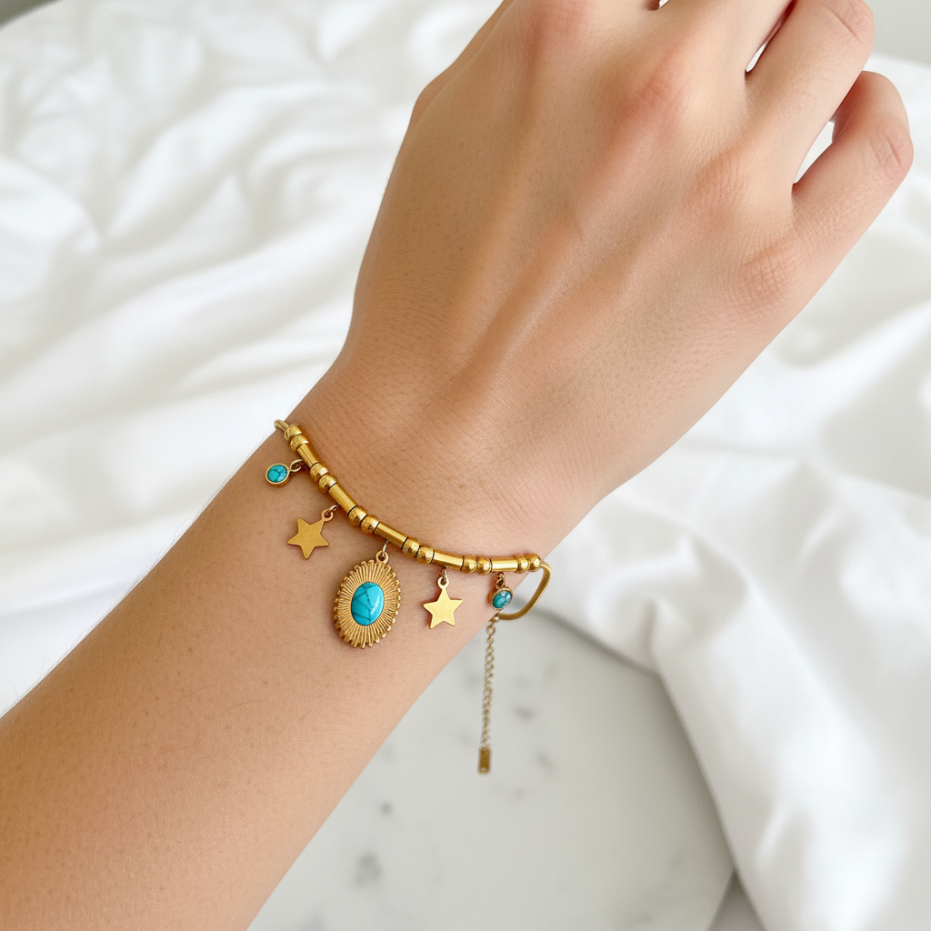 Gold Turquoise Star Bracelet worn on wrist
