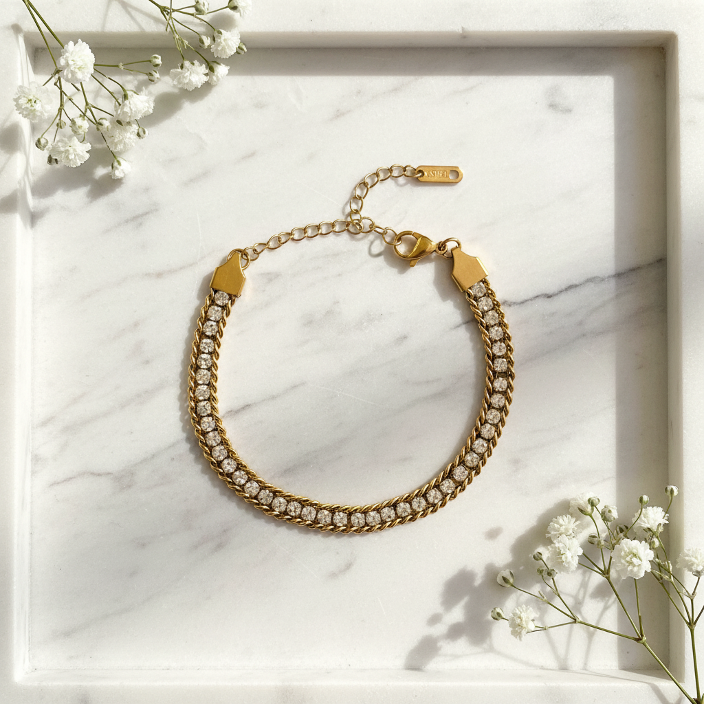 Gold Double Layer Crystal Rope Bracelet flat lay on marble tray