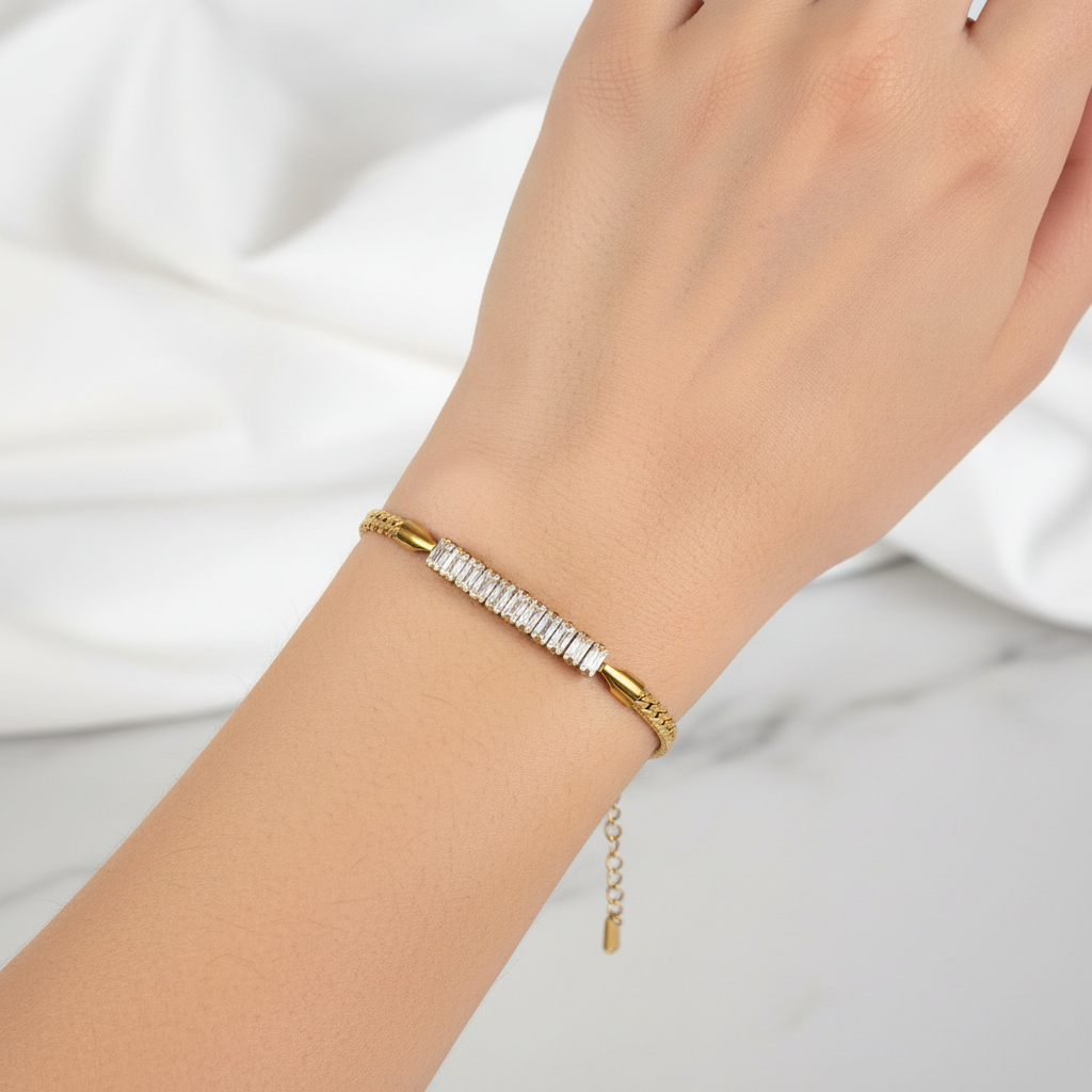 Gold Snake Baguette Crystal Bracelet worn on wrist