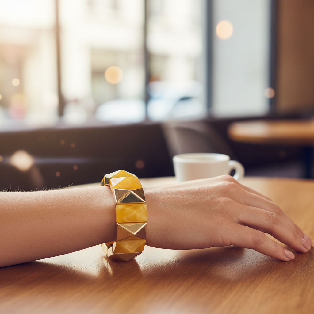 Yellow Geometric Acrylic Gold Triangle Bracelet - Indoor Café Style