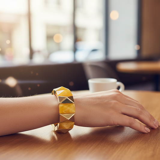 Yellow Geometric Acrylic Gold Triangle Bracelet - Indoor Café Style