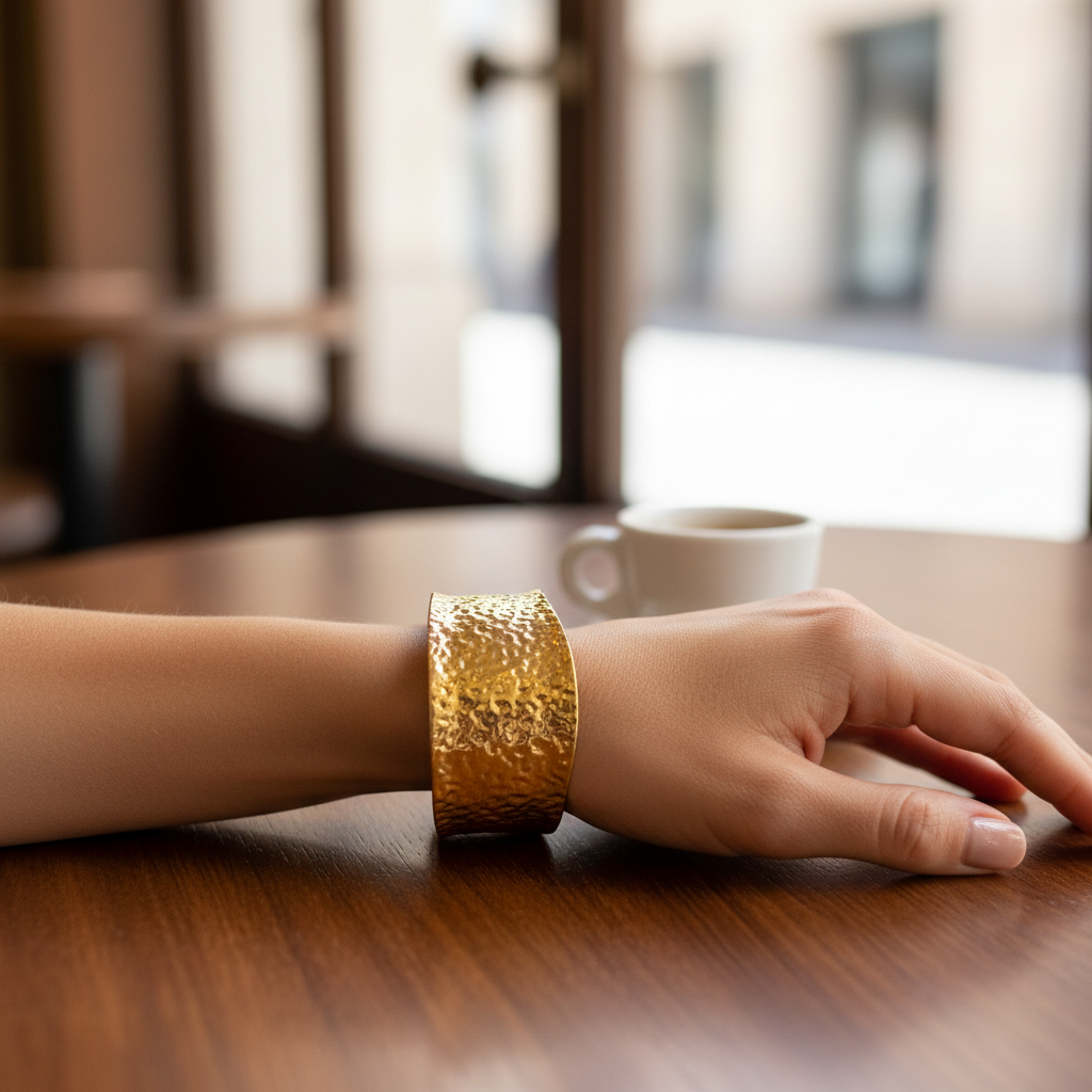 Gold Hammered Textured Wide Cuff Bracelet - Indoor Café Style