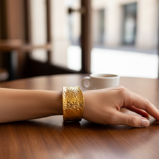 Gold Hammered Textured Wide Cuff Bracelet - Indoor Café Style