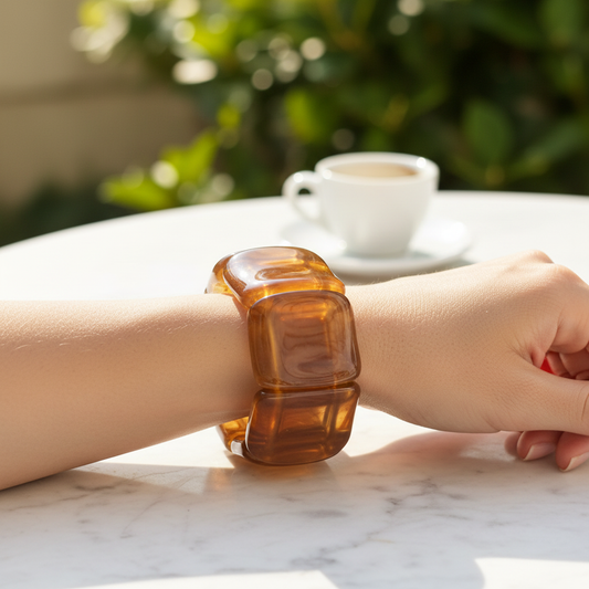 Cognac Amber Chunky Resin Bracelet - Outdoor Café Style