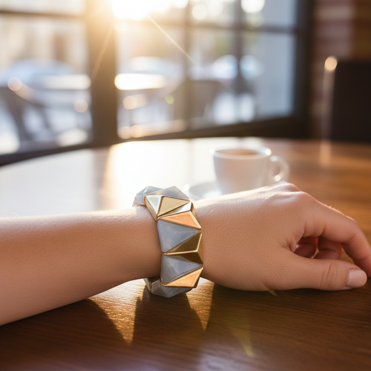 Baby Blue Geometric Acrylic Gold Triangle Bracelet - Indoor Café Style