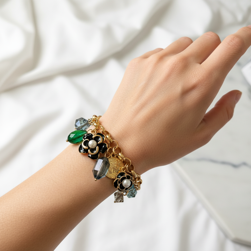 Gold Coin Flower Charm Bracelet worn on wrist