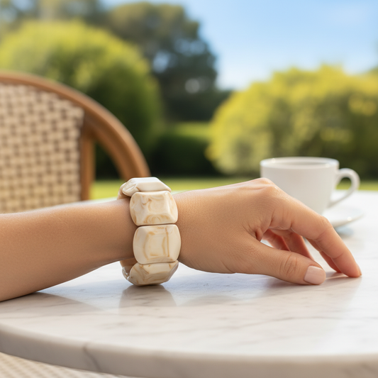 Ivory Marble Chunky Acrylic Bracelet - Outdoor Café Style