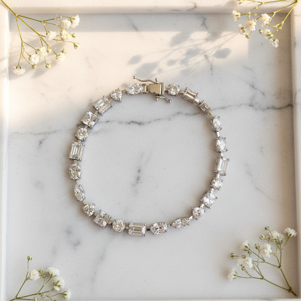 Silver Multi-Cut Tennis Bracelet flat lay on marble tray