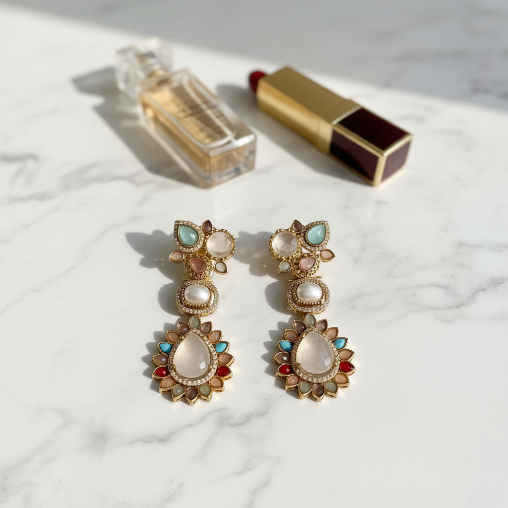 Multicolour stone drop earrings flat lay on white marble