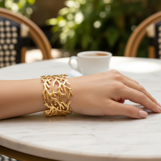Gold Coral Filigree Cuff Bracelet - Outdoor Café Style