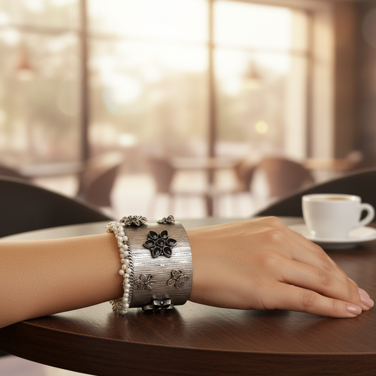 Silver Oxidised Black Kundan Pearl Cuff Bracelet - Indoor Café Style