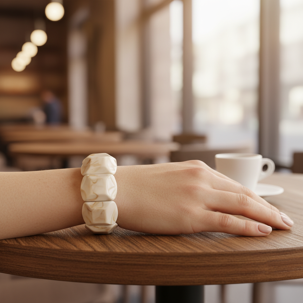 Ivory Marble Chunky Acrylic Bracelet - Indoor Café Style