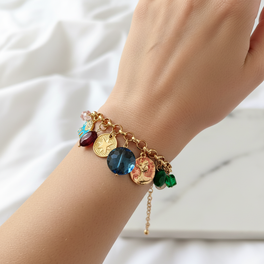 Gold Elephant Coin Charm Bracelet worn on wrist