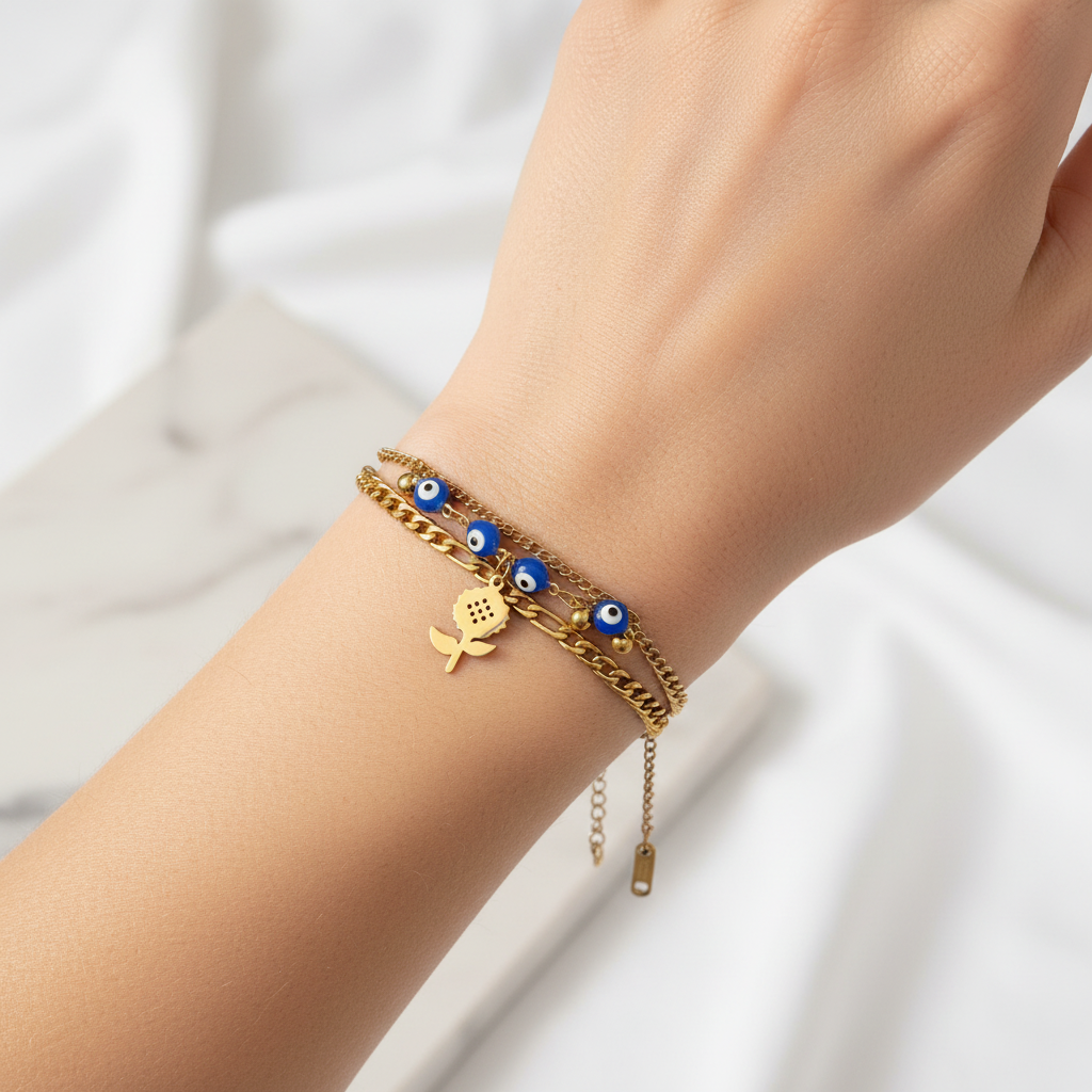 Gold Double Layer Evil Eye Rose Bracelet worn on wrist