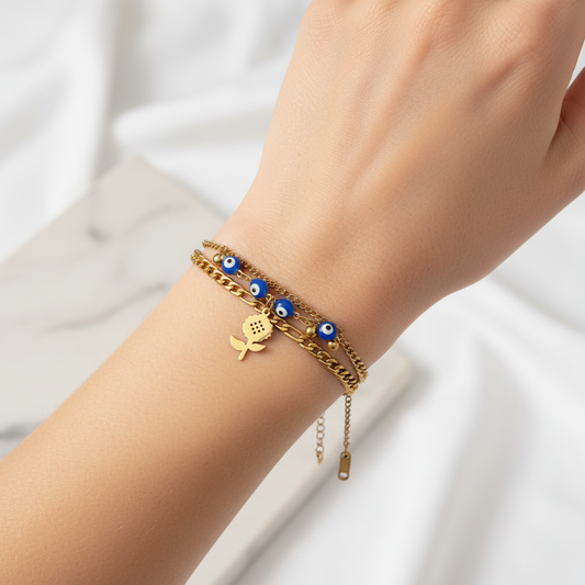 Gold Double Layer Evil Eye Rose Bracelet worn on wrist